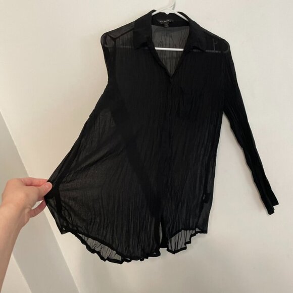 ROCK & REPUBLIC Chiffon Crinkle Top Black Pleated Studs Long Sleeve Button Down - Picture 10 of 15